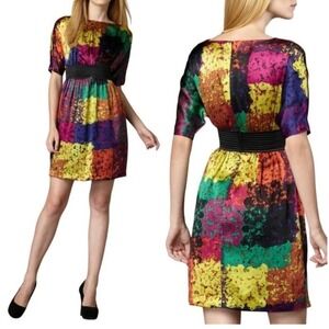 Trina Turk Size 2 Silk Multicolor Abstract Pattern Black Empire Waistband Dress